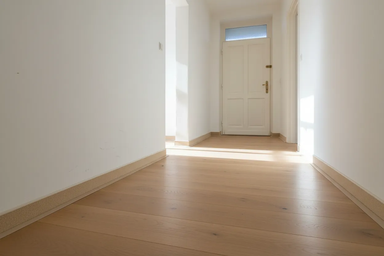 Lichte gang in een bovenwoning met een lichte houten vloer en een voordeur aan het eind