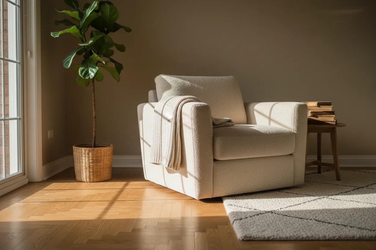 Warme woonkamer met een houten vloer, een fauteuil en zacht zonlicht