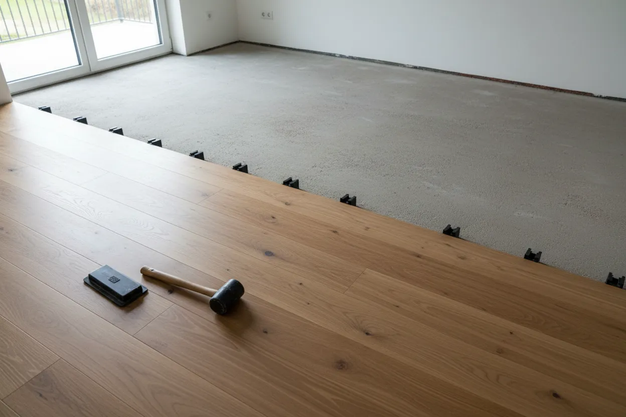 Houten planken die in een kamer worden gelegd, de helft van de vloer is klaar