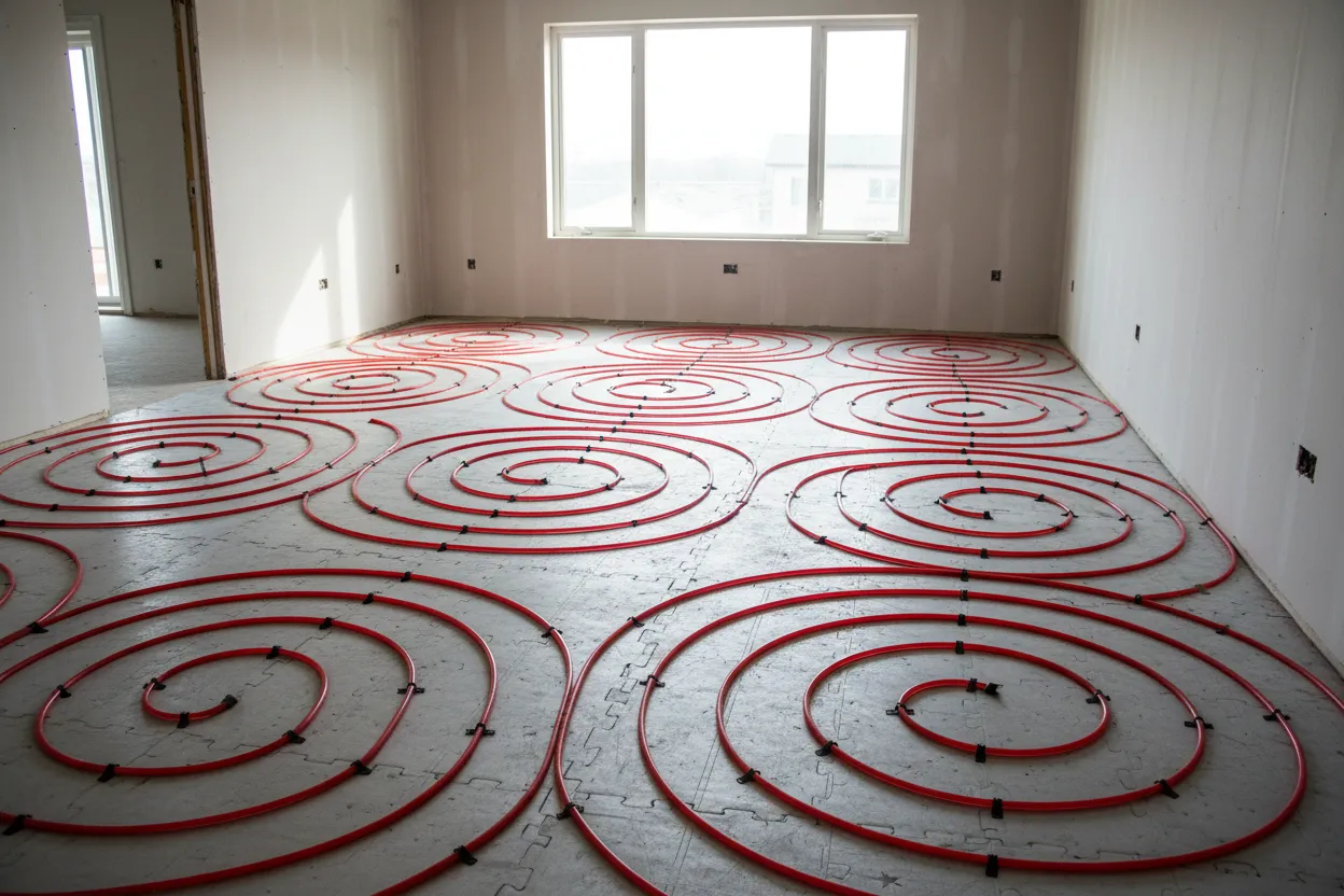 Leidingen van vloerverwarming in spiralen op de ondergrond, voordat de dekvloer komt