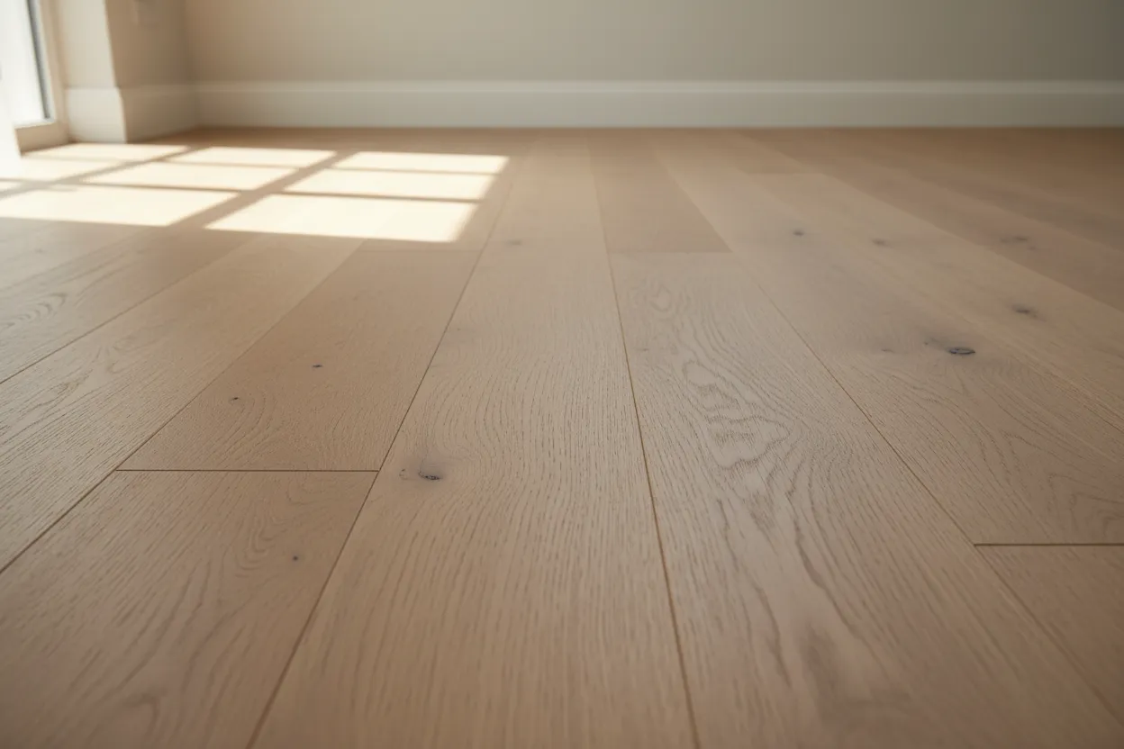 Brede eiken planken van dichtbij met zichtbare houtnerf in een lichte kamer