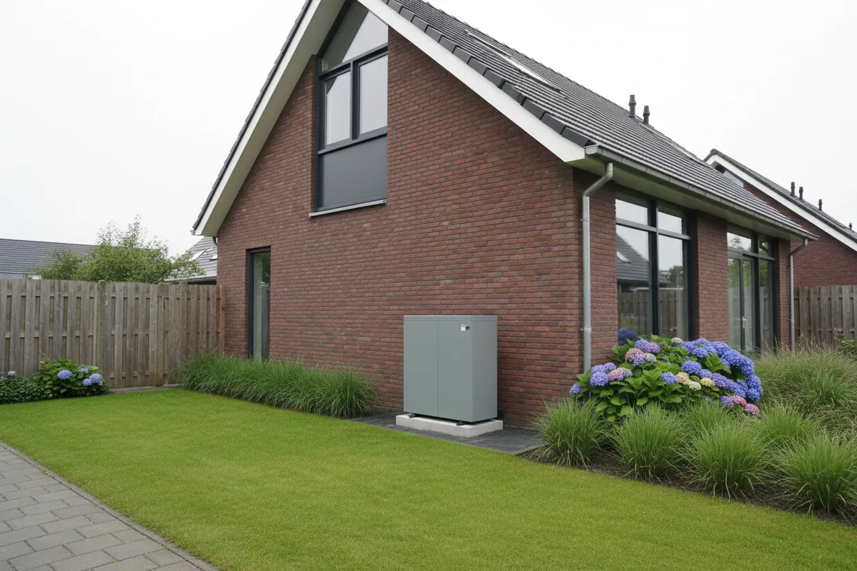 Buitenunit van een warmtepomp tegen de zijmuur van een stenen woning
