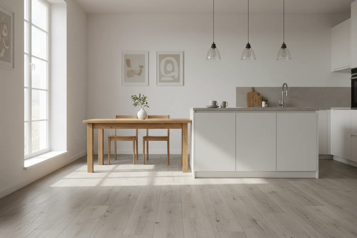 Keuken en eethoek met een lichtgrijze pvc vloer met houtlook
